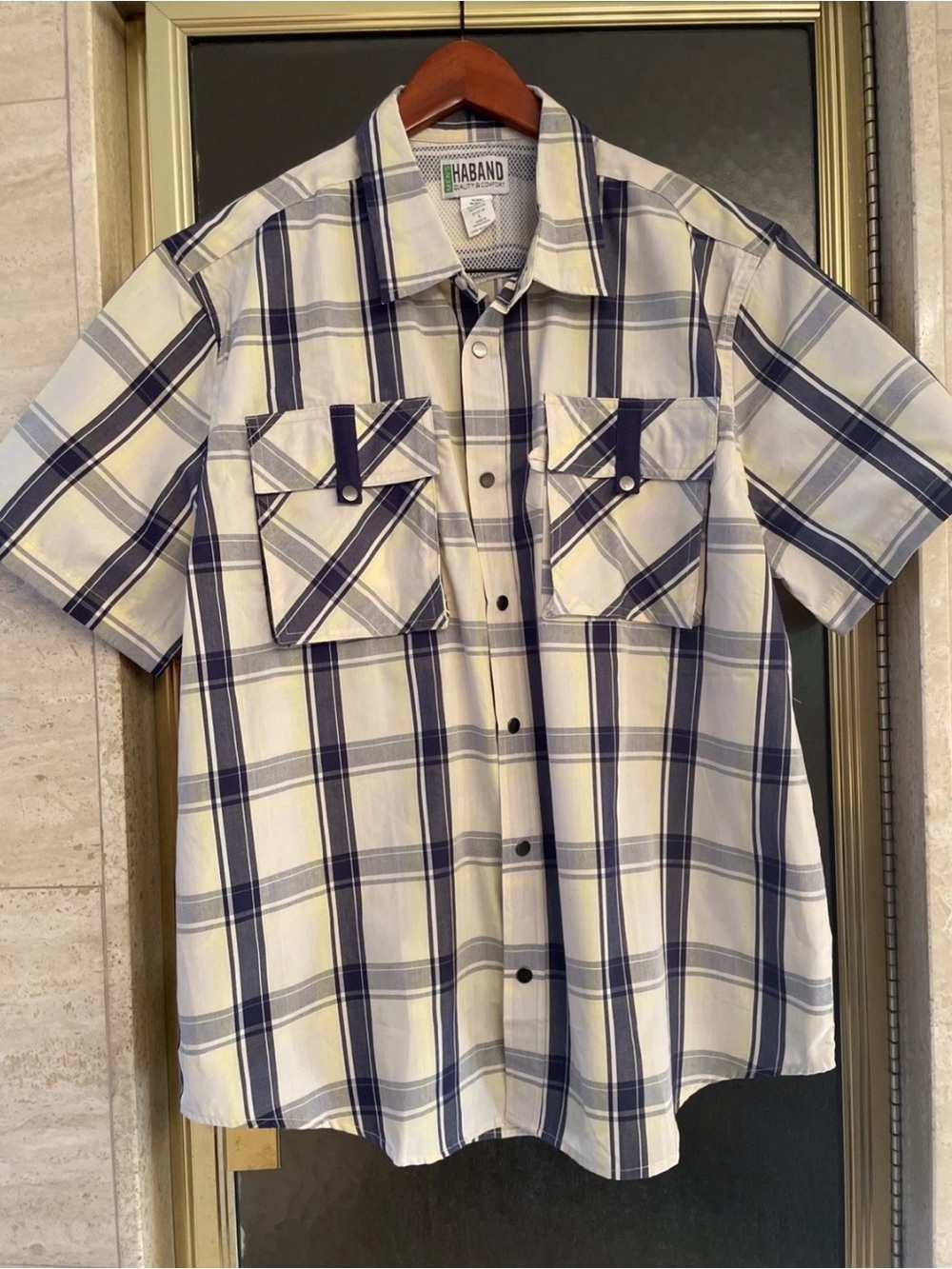 Haband Men's Short Sleeve Plaid Snap-Front Shirt in Cream/Navy/Yellow -Pockets